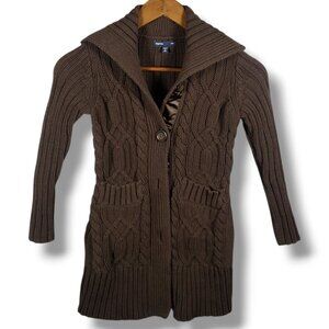 GAP Kid 6/7 Brown Cable Knit Cardigan Collar Button Pocket Dark Academia Preppy